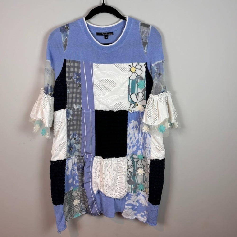 Giusto dama Womens Blue Patchwork Bell Sleeve Tunic Mini Dress sz 1 (SM) Artsy